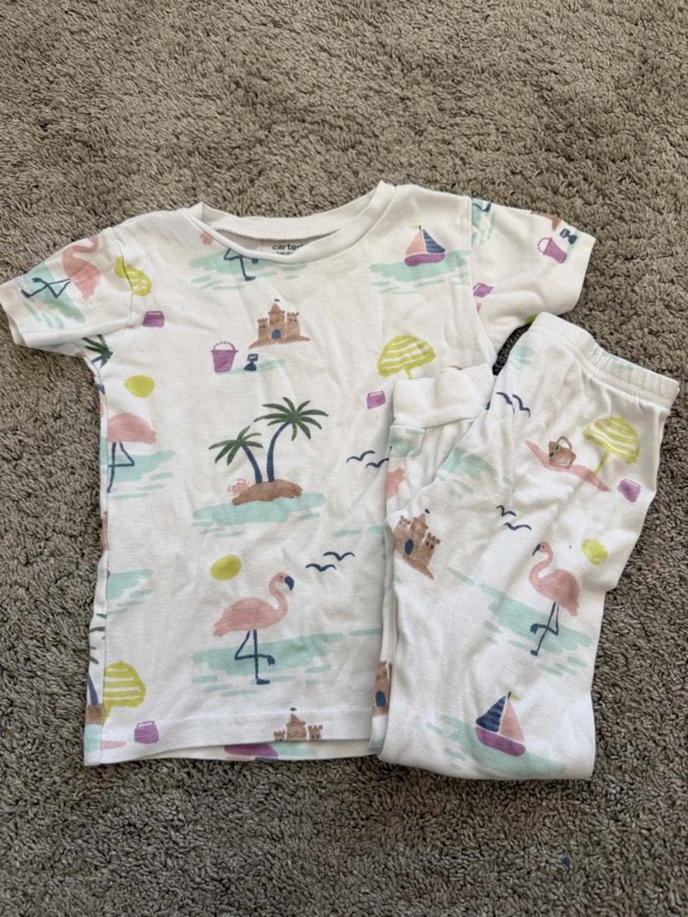 Carter's White Pajama Set with Pastel Flamingo & Beach Prints